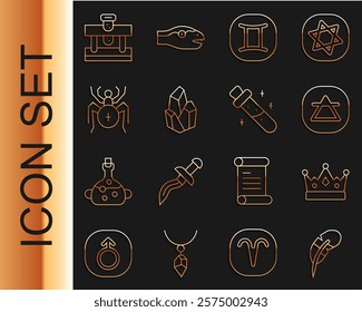 Set line Feather pen, King crown, Air element, Gemini zodiac, Magic stone, Spider, Bottle with potion and  icon. Vector