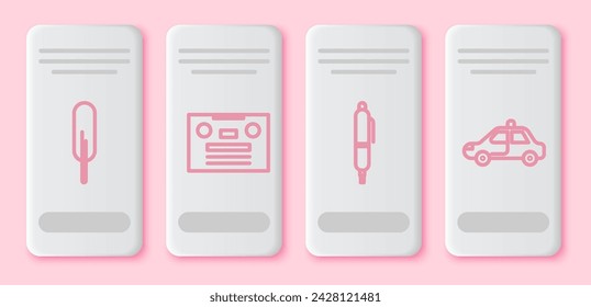 Set line Feather pen, Retro audio cassette tape, Pen and Police car and flasher. White rectangle button. Vector