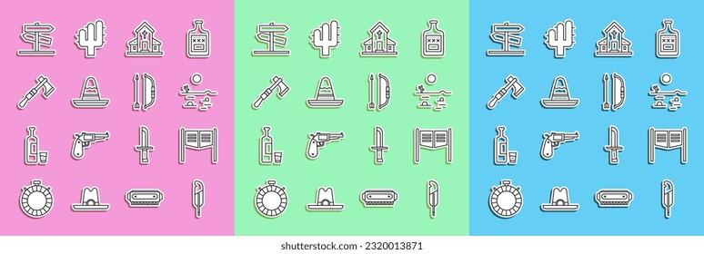 Línea Pluma de plumas, puerta de Saloon, paisaje del desierto con cactus, edificio de la iglesia, sombrero mexicano con sombrero sombrero mexicano, hacha de Tomahawk, señalización de tráfico y icono del caracol con flecha de Bow. Vector