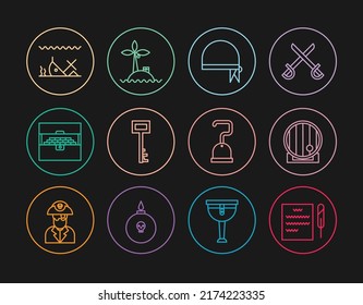 Set line Feather pen and scroll, Wooden barrel, Pirate bandana for head, key, Antique treasure chest, Sunken ship, hook and Tropical island in ocean icon. Vector