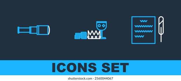 Set line Feather pen and scroll, Spyglass telescope lens and Treasure riches icon. Vector
