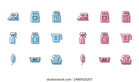 Set line Feather, Temperature wash, Electric iron, Basin with shirt, Laundry detergent, Measuring cup, Water spray bottle and  icon. Vector