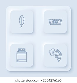 Set line Feather, Temperature wash, Washer and Electric iron. White square button. Vector