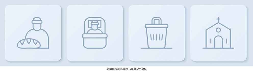 Set line Feeding the homeless, Trash can, Sleeping bag and Church building. White square button. Vector