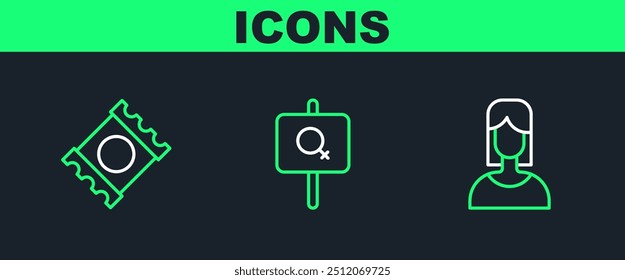 Set line Female, Condom in package and Feminist activist icon. Vector