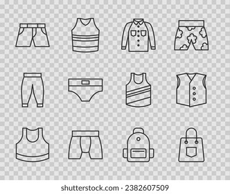 Set line Female crop top, Handbag, Shirt, Men underpants, Short or, School backpack and Waistcoat icon. Vector