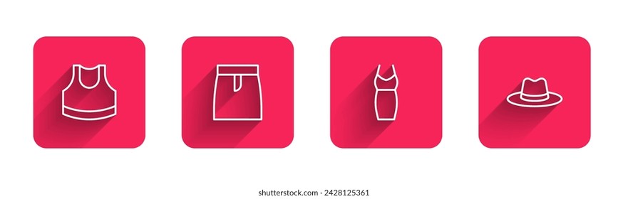 Set line Female crop top, Skirt, Woman dress and Man hat with long shadow. Red square button. Vector