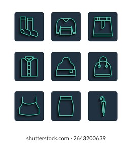 Definir linha Top colheita feminina, saia, guarda-chuva, chapéu de gorro, camisa, meias e bolsa ícone. Vetor