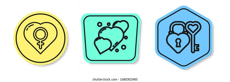 Set line Female gender in heart, Heart and Castle and key in heart shape. Colored shapes. Vector