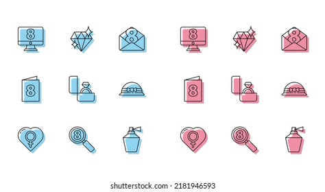 Set line Female gender in heart, Search 8 March, on monitore, Perfume, Diamond engagement ring, Elegant women hat, Greeting card with and  icon. Vector