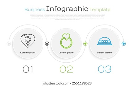 Set line Female gender in heart, Wedding rings and Elegant women hat. Business infographic template. Vector