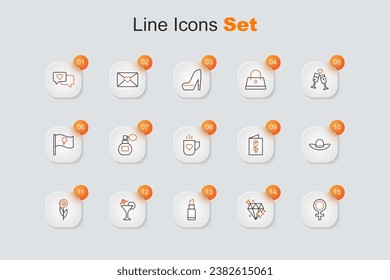 Set line Female gender symbol, Diamond, Lipstick, Martini glass, Flower, Elegant women hat, Greeting card with 8 March and Coffee cup and heart icon. Vector