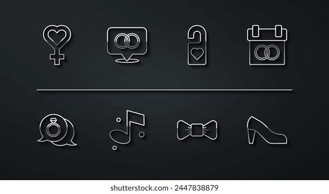 Set line Female gender symbol, Diamond engagement ring, Calendar, Bow tie, Music note, Wedding rings, Woman shoe and Please do disturb icon. Vector