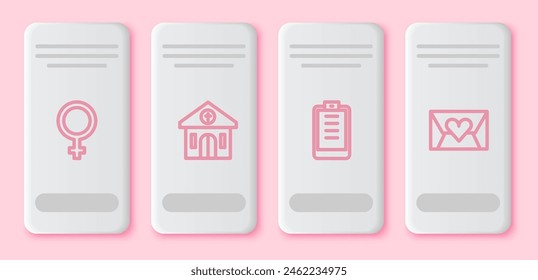 Símbolo de género femenino, edificio de la iglesia, Portapapeles con lista de verificación y corazón de San Valentín sobre. Botón rectangular blanco. Vector