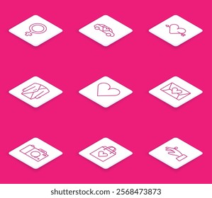 Set line Female gender symbol, Limousine car, Amour with heart and arrow, Suit, Heart, Envelope Valentine, Photo camera and Shopping bag icon. Vector