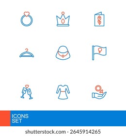 Set line Female gender symbol, Woman dress, Glass of champagne, Feminist activist, Hanger wardrobe, Handbag, Greeting card with 8 March and King crown icon. Vector