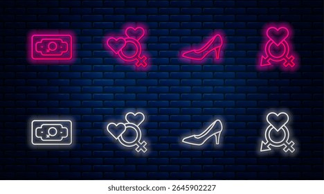 Set line Female gender, Woman shoe, Money growth woman and Gender. Glowing neon icon on brick wall. Vector