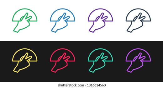Set line Female hand with open fan flamenco accessory icon isolated on black and white background. Vector.