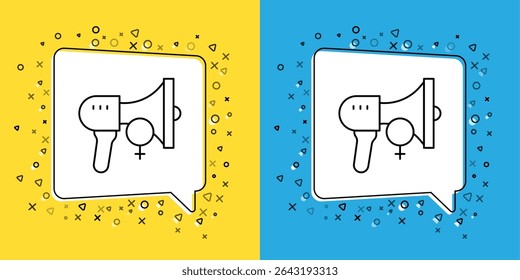 Set line Female movement, feminist activist with banner and placards icon isolated on yellow and blue background. Feminist rights movement, feminism sisterhood.  Vector