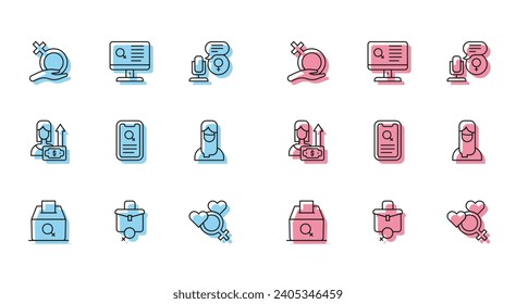 Set line Female vote right, Work for female, gender, Dating app, Muslim woman hijab, Money growth and  icon. Vector