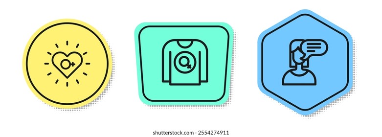 Set line Feminism, Feminist shirt and Female opinion. Colored shapes. Vector