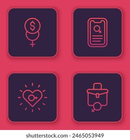 Set line Feminism finance, Dating app and Work for female. Blue square button. Vector