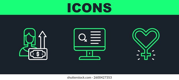 Set line Feminism, Money growth woman and Dating app icon. Vector