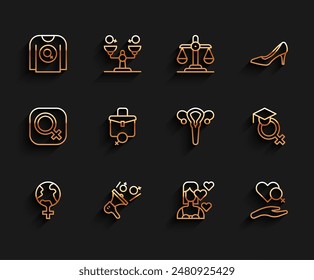 Set line Feminism in the world, Feminist activist, shirt, Love yourself, Heart with female gender, Work for, Teacher and Female reproductive system icon. Vector