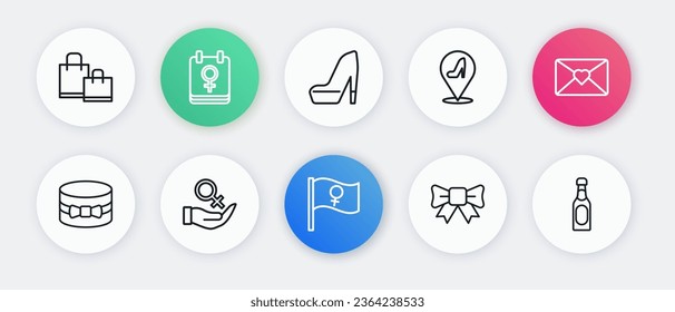 Set line Feminist activist, Envelope with 8 March, Gift box and heart, bow, Woman shoe, Champagne bottle and Female gender symbol icon. Vector