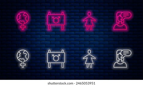 Set line Feminist activist, Female, Feminism the world and opinion. Glowing neon icon on brick wall. Vector