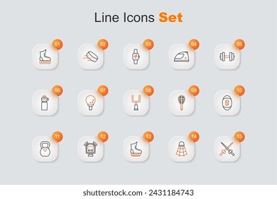 Set line Fencing, Badminton shuttlecock, Skates, Stopwatch, Weight, American Football ball, Tennis racket and football goal post icon. Vector