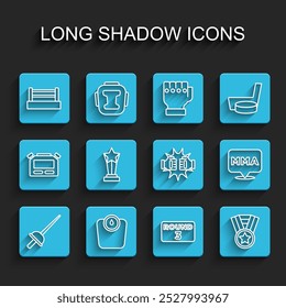 Set line Fencing, Bathroom scales, Boxing ring, board, Medal, Award cup, Fight club MMA and Punch boxing gloves icon. Vector