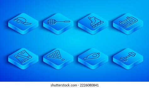 Set line Fencing helmet mask, Tennis racket, Roller skate, Billiard balls triangle, Whistle, Sport mechanical scoreboard, Rubber flippers for swimming and Dumbbell icon. Vector