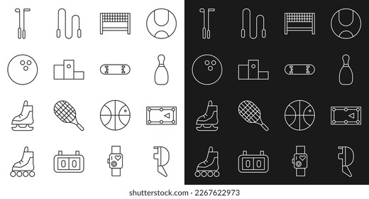 Set line Fencing helmet mask, Billiard table, Bowling pin, Ribbon finishing line, Award over sports winner podium, ball, Golf club and Skateboard trick icon. Vector