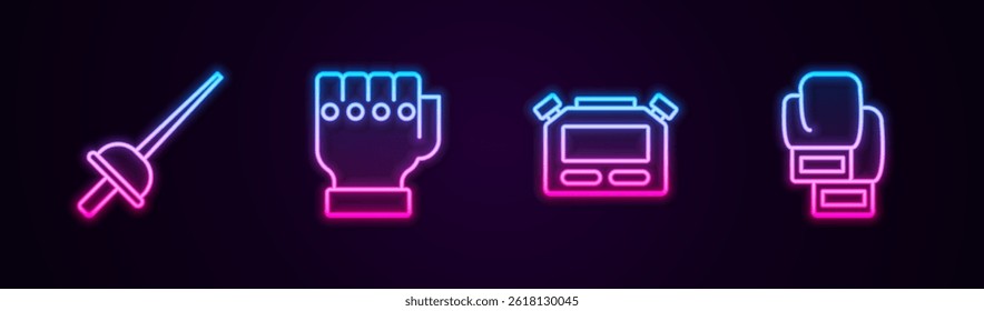 Set line Fencing, MMA glove, Stopwatch and Boxing. Glowing neon icon. Vector