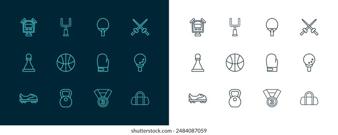 Set line Fencing, Weight, Boxing glove, Medal, Basketball ball, Racket, Stopwatch and American football goal post icon. Vector