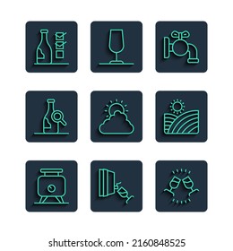 Set line Fermentation of grapes, Wine tasting, degustation, Tap for barrel, Sun and cloud weather, Bottle wine,  and Vineyard icon. Vector