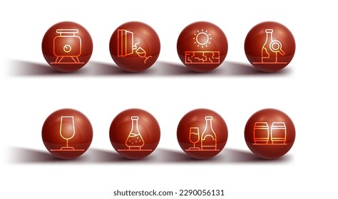 Set line Fermentation of grapes, Wine glass, Bottle wine, bottle with, Decanter for, tasting, degustation, Wooden barrel and Drought icon. Vector