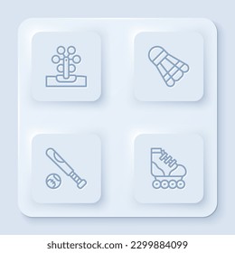 Set line Ferris wheel, Badminton shuttlecock, Baseball bat with ball and Roller skate. White square button. Vector