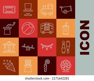 Set Line Ferris Wheel, Bowling Pin, Paper Glass With Water, Toy Train, Beach Ball, Magician Hat, Circus Ticket And Wagon Icon. Vector