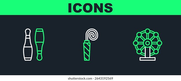 Set line Ferris wheel, Bowling pin and Birthday party horn icon. Vector