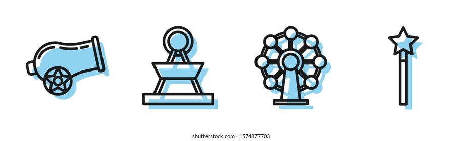 Set line Ferris wheel, Cannon, Attraction carousel and Magic wand icon. Vector