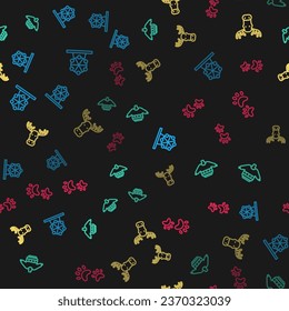 Set line Ferris wheel, Christmas sweater, Moose head with horns and Paw print on seamless pattern. Vector