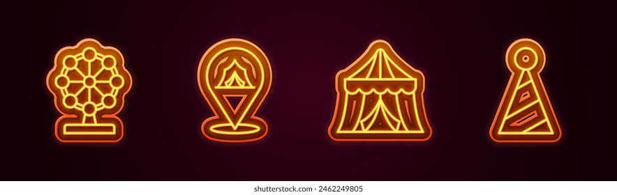 Set line Ferris wheel, Circus tent,  and Party hat. Glowing neon icon. Vector