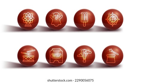 Set line Ferris wheel, Drum with drum sticks, Target sport, Hot air balloon, Circus ticket, Ghost, Magic hat and wand and Ice cream icon. Vector