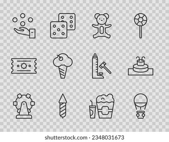 Set line Ferris wheel, Hot air balloon, Teddy bear plush toy, Firework rocket, Juggling, Ice cream waffle cone, Popcorn box and glass and Fountain icon. Vector