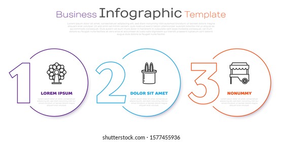 Set line Ferris wheel, Magician hat and rabbit ears and Fast street food cart with awning. Business infographic template. Vector
