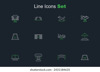 Set line Ferris wheel, Playground kids bridge, Attraction carousel, Sandbox with sand, Swing, Swedish wall and for icon. Vector