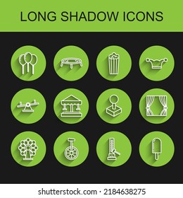 Set line Ferris wheel, Unicycle or one bicycle, Balloons with ribbon, High striker attraction big hammer, Ice cream, Attraction carousel, Curtain and Joystick for arcade machine icon. Vector