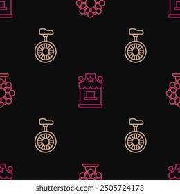 Set line Ferris wheel, Unicycle or one bicycle and Ticket box office on seamless pattern. Vector